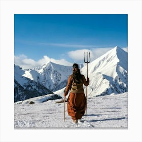 Firefly Graceful Indian Woman With Trident Walking Towards Snowy Hills 36911 Canvas Print