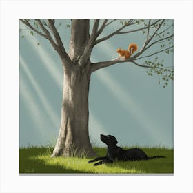 Quiet Encounter Tree, Squirrel, And Dog (4) Canvas Print