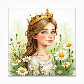 Watercolor Portrait Of Young Queen Amidst A Garden Of Daisies Canvas Print