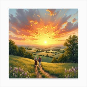 A Watercolor Of A Picturesque English Countryside Sunset, With People Admiring The View 1 Canvas Print