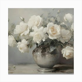 White Roses In A Silver Vase Canvas Print