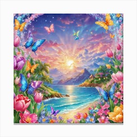 Sunset With Butterflies Canvas Print