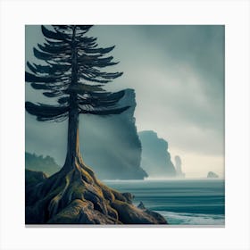 A Cypress Tree Growing On Ocean Cliff Side Outcr Canvas Print