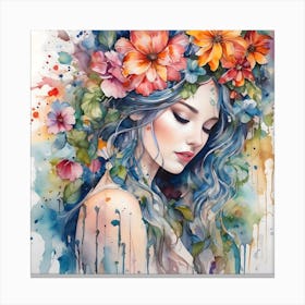 Watercolor Of A Girl With Flowers Canvas Print