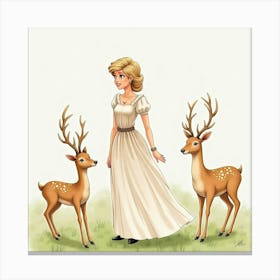 Princess Diana In A Watercolor Scene With Graceful Deer 1 Canvas Print