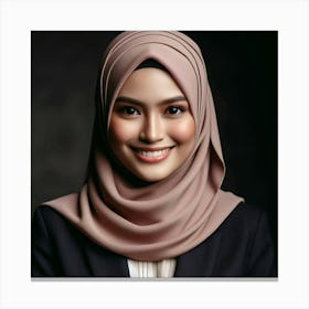A photo of a young woman wearing a hijab and a black suit with a white blouse underneath, with a warm smile on her face and a confident expression in her eyes, against a dark background Canvas Print