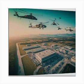 Helicopters Flying Over A Military Base Canvas Print