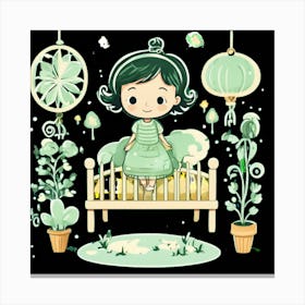 Little Girl In Green Dress Canvas Print