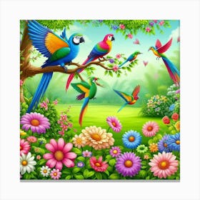 Colorful Parrots In The Garden Canvas Print