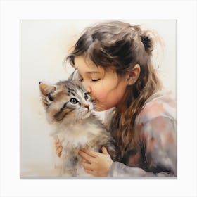 Little Girl Kissing Cat Canvas Print