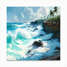 Massive Waves Crashing Into Rocks On Tropical Beach Canvas Print