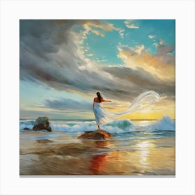 White Lady of The Sea - Air And Water Element Witchy Pagan Woman Oil Painting in Flowing Dress - Fairytale Women's Empowerment Piece Communing With Nature Blue Sky and Ocean Canvas Print