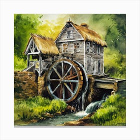 Watercolor Watermill Canvas Print