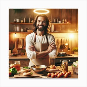 Jesus cooking a meal in a cozy modern kitchen Canvas Print