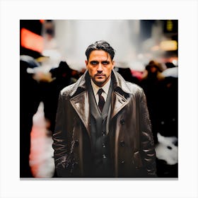 Black Friday. Man with black eye walking down the street in the rain. Canvas Print