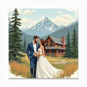 Sophisticated Couple In Watercolor Fashion, Cozy Mountain Lodge 1 Canvas Print