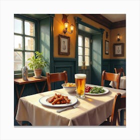 A Traditional English Pub With A Hearty Meal On The Table, Watercolor Art Canvas Print