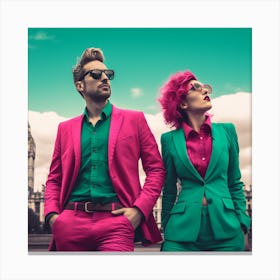 Man And Woman In Pink Suits. Urban London Romance in Magenta and Green: An Ultrarealistic Perspective. Canvas Print