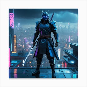 Cyberpunk Samurai On A Neon Lit Rooftop Canvas Print