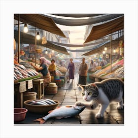 Cat At The Fish Market Canvas Print