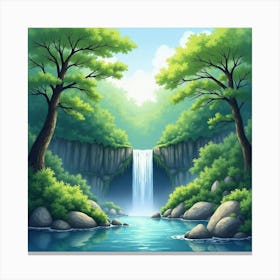 A Tranquil Waterfall In A Lush Japanese Forest, Painted In Soft Watercolor Hues 1 Canvas Print