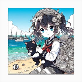 Anime Girl With Cat On The Beach Canvas Print