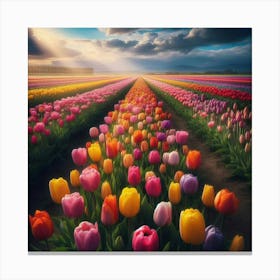 A field of tulips in different colours Canvas Print