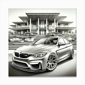 A Pencil Drawing Of A BMW M3 In Front Of A Beautiful Modern Mansion 1 Canvas Print