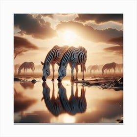 Zebras Drinking Water At Sunset Canvas Print