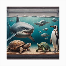 Penguins And Sharks 2 Canvas Print