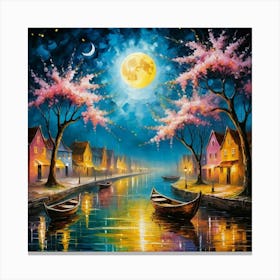 a colossal crescent moon melts into the river, leaving a luminous yellow trail, fishing boats glide under the moon's glow, while pink blossoms shower the water Canvas Print