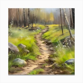 Path In The Woods.A dirt footpath in the forest. Spring season. Wild grasses on both ends of the path. Scattered rocks. Oil colors.23 Canvas Print