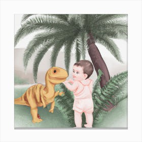 Baby Petting a Dinosaur 4 Canvas Print