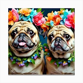 Two Pugs wearing Flower Wreath Crowns 2 Canvas Print