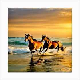 Horses On The Beach At Sunset Canvas Print