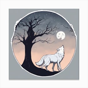 Sticker Art Design, Tree Howling To A Full Moon, Kawaii Illustration, White Background, Flat Colors, Canvas Print