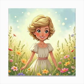 Smiling Princess Diana In A Dreamy Watercolor Meadow Filled With Flowers 1 Canvas Print