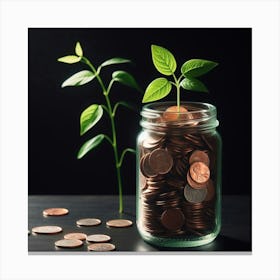 Jar Of Coins With A Plant 1 Canvas Print