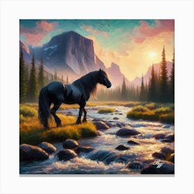 Black Stallion By Stream At Sunrise 2 Canvas Print