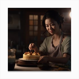 Asian Woman Making A Cake Canvas Print