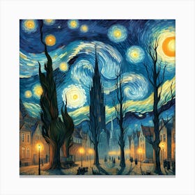 Old Townscape in Starry Night, With Moon Canvas Print