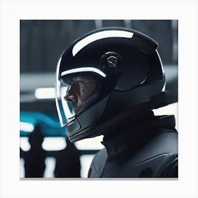 Create A Cinematic Apple Commercial Showcasing The Futuristic And Technologically Advanced World Of The Man In The Hightech Helmet, Highlighting The Cuttingedge Innovations And Sleek Design Of The Helmet And Its Canvas Print