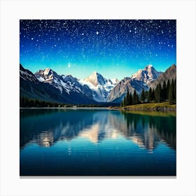 Firefly Mountains, Snow Capped, Towering, Background, Tranquil, Lake, Foreground, Reflecting, Starry (8) Canvas Print