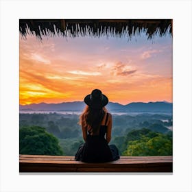 Woman In Black Hat Sitting Alone On A Wooden Balcony Overlooking A Hill Dotted Landscape Trees Al (2) Canvas Print