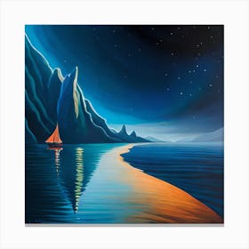 Sailboat At Night, Moonlight, Night Landscape, Digital art Print, Home Decor Canvas Print