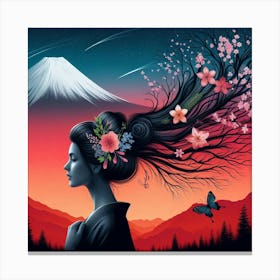 Geisha Woman With Butterfly And Cherry Blossoms Canvas Print