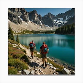 Two Hikers Hiking In The Mountains Canvas Print