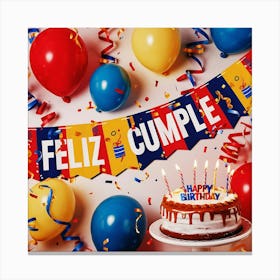 Feliz cumple and Feliz cumpleaños sign means Happy Birthday in Spanish language, Birthday party celebration gift with birthday cake candle colorful balloons best congratulation over light backgroundFiesta Cumple Canvas Print