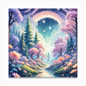 A Fantasy Forest With Twinkling Stars In Pastel Tone Square Composition 15 Canvas Print