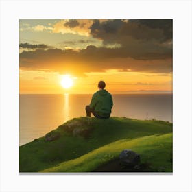 Man Sitting On A Hill Overlooking The Ocean Canvas Print